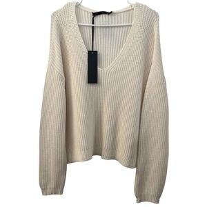 Jenni Kayne Cropped Cotton Cabin Sweater Ivory V-Neck Organic Knit Large NEW
